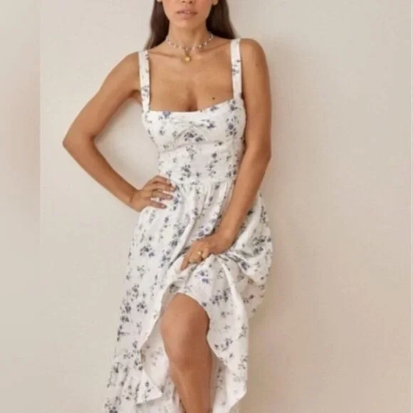 NEW Reformation Maegan Linen Dress Floral White Midi Dress MadeleineUS 0 UK  4